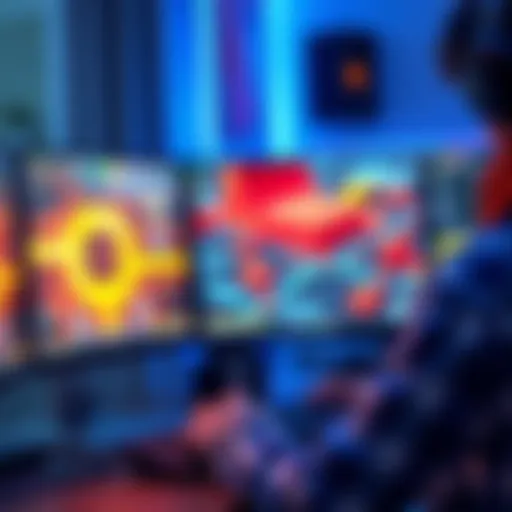 A designer working on a 3D game interface with graphics displayed on a computer screen, showcasing complex shapes and textures.