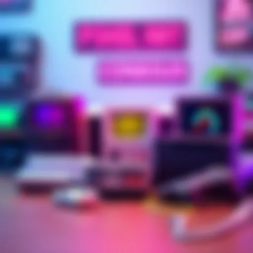 Colorful 3D pixel art models of classic gaming consoles like NES and Sega Genesis arranged on a table