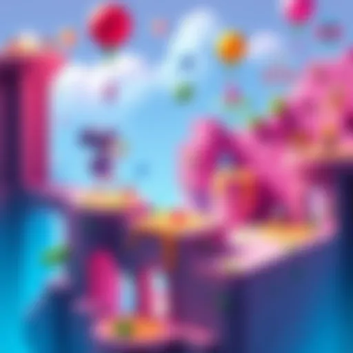 A colorful 3D platformer game concept featuring platforms, characters, and obstacles in a vibrant environment.