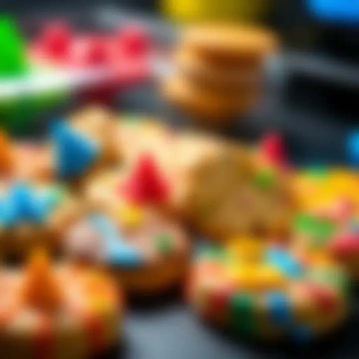 A close-up of colorful 3D-printed cookies made from upcycled plastic on a table.