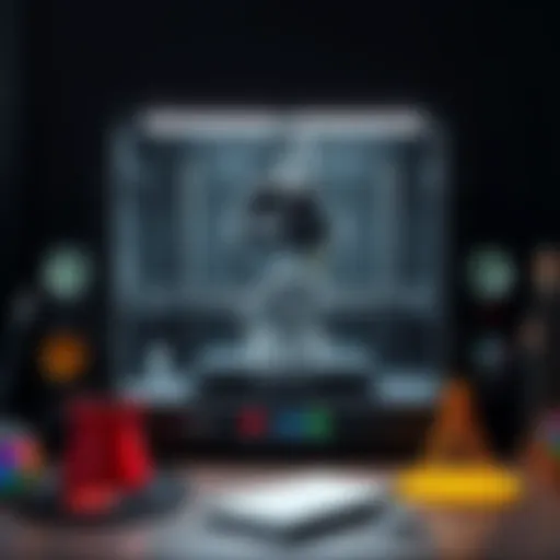 3D Printer with Blender Model A 3D printer showcasing a small model created in Blender, with tools and materials nearby.