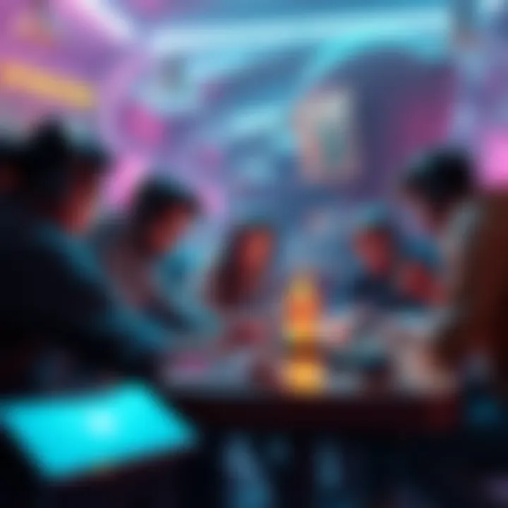 A group of game developers brainstorming creative ideas for a new 3D rogue-like game.