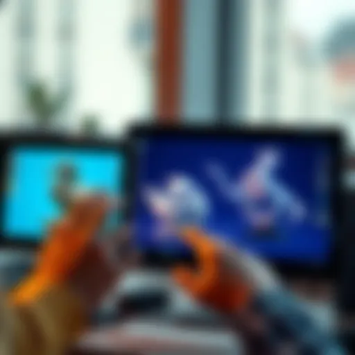 A person comparing 3D sculpting on Nomad Sculpt and Blender with a tablet and computer