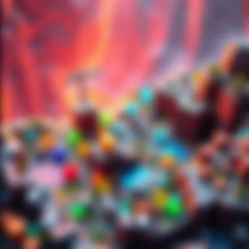 A colorful mining game scene showing 3D voxel cubes representing different minerals and terrain