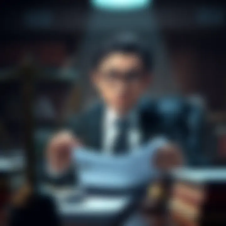 A lawyer discussing online safety fines with a serious expression, surrounded by legal books and documents, symbolizing legal battles for 4chan.