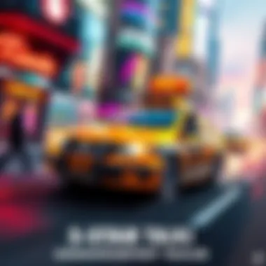 A vibrant scene showing a futuristic taxi speeding through a lively city with passengers enjoying the ride, showcasing dynamic graphics and energy.