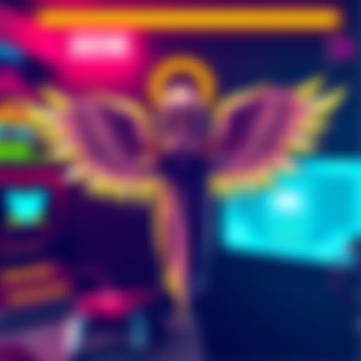 Colorful 8-bit depiction of an archangel with pixelated wings and a glowing halo, set against a retro gaming backdrop.