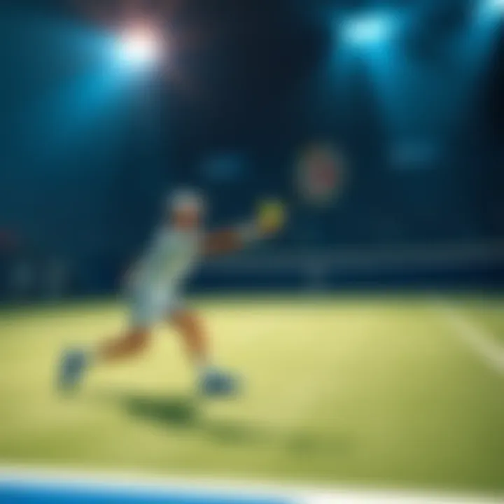 An AI-generated tennis match with a player hitting a powerful forehand shot on the court.