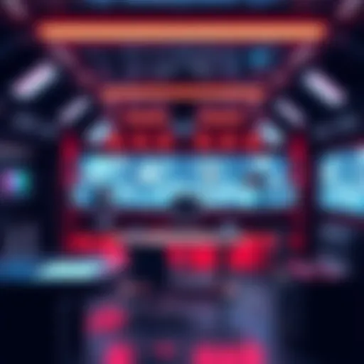 A futuristic studio with high-tech equipment and screens displaying AI-driven visuals for adult film production.