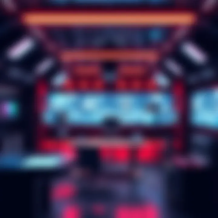 A futuristic studio with high-tech equipment and screens displaying AI-driven visuals for adult film production.