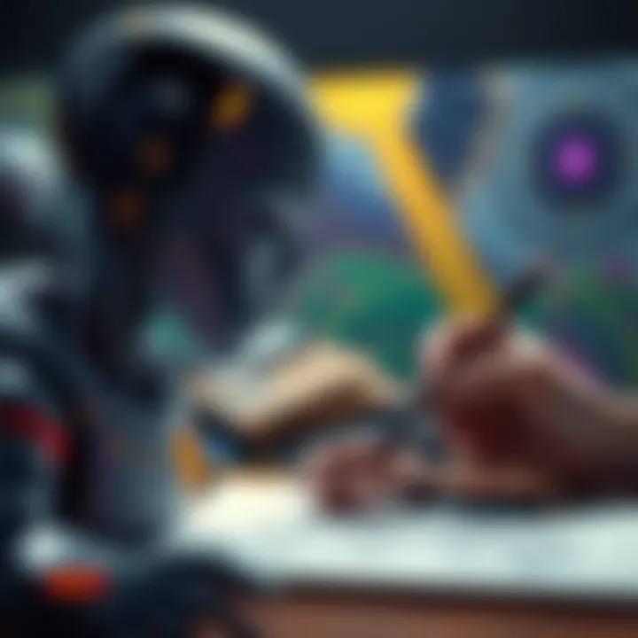 AI Art vs Traditional Art A digital artwork showcasing a robot creating art alongside a person drawing with pencils, highlighting the contrast between technology and traditional methods.