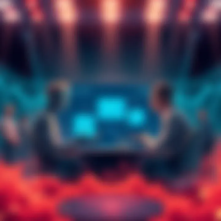 A symbolic representation of a heated debate on AI usage with two groups arguing over a digital screen displaying AI concepts.