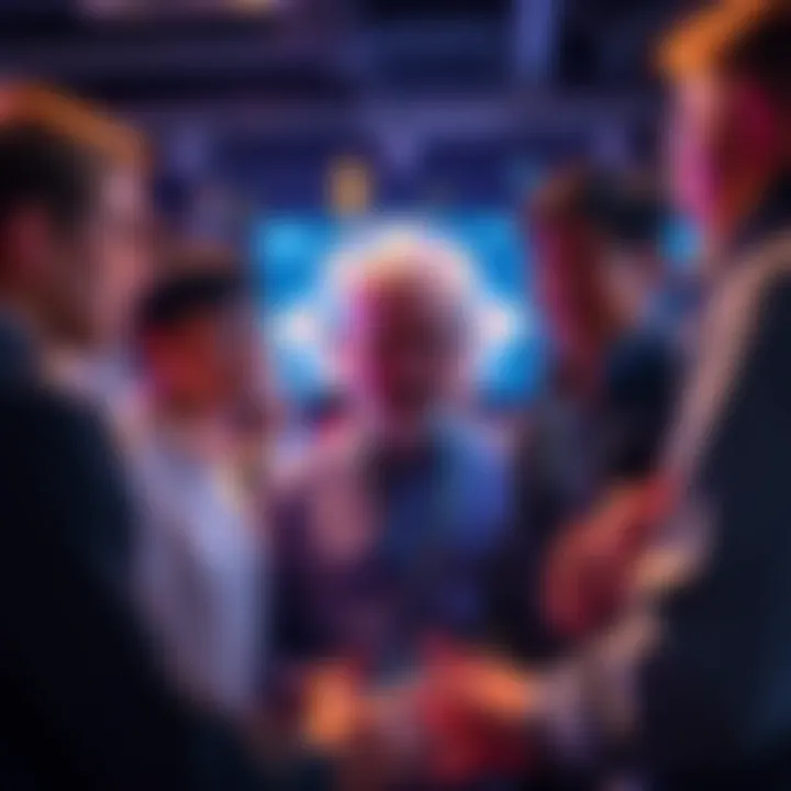 A group of young professionals discussing AI projects, with older colleagues in the background retiring; symbolic of knowledge transfer issues in the industry.