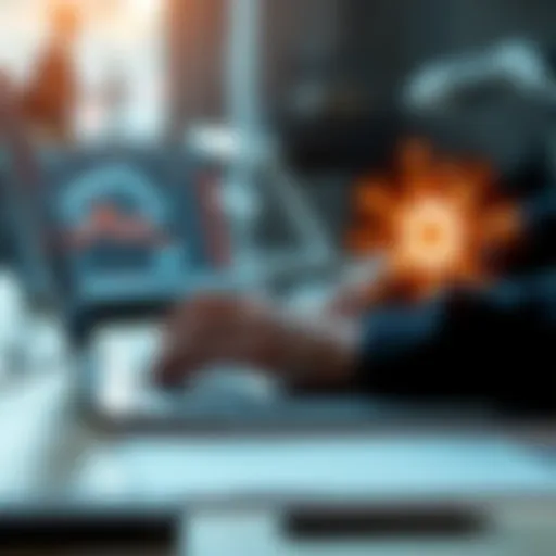 A close-up of a person working on a laptop, with graphics of AI elements on the screen, symbolizing collaboration between humans and AI.