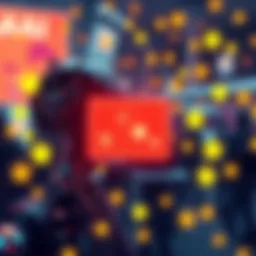 A representation of AI analyzing local business data like reviews and website content, surrounded by icons of shops and stars.