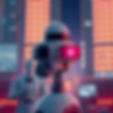 A futuristic representation of an artificial intelligence ministry symbolizing anti-corruption efforts in Albania, featuring a robot and government building elements.