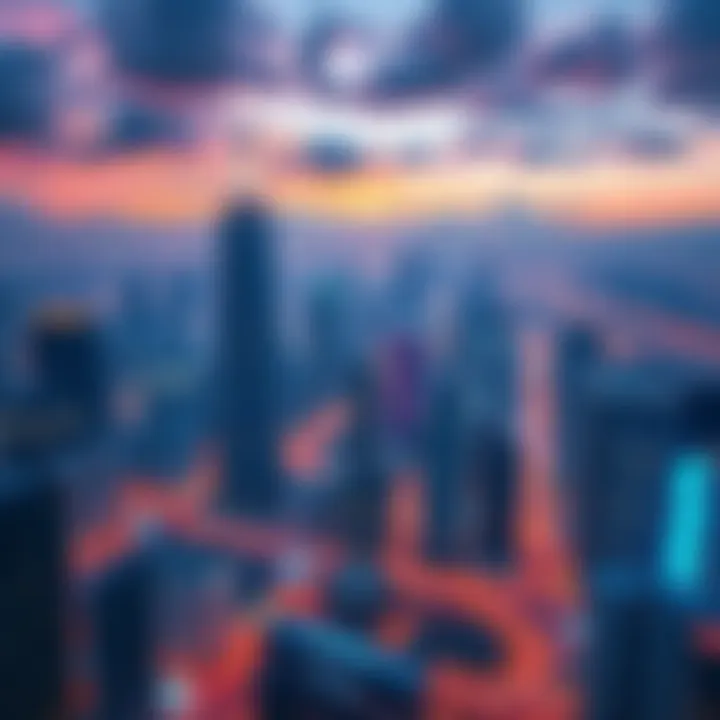 A futuristic city skyline with AI elements like robots and smart technology integrated into daily life, symbolizing advancements by 2025.