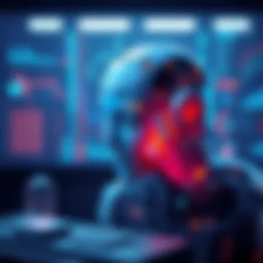 AI System Responding to Pain Signal An illustration showing an AI system with a digital interface reacting to a pain-like signal, featuring a 'relief' button nearby that appears ineffective.