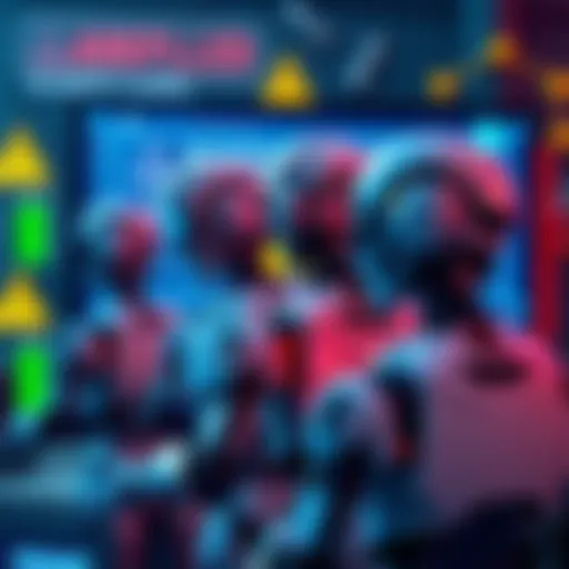 Illustration showing AI agents depicted as robots overlooking safety guidelines on a digital screen, with warning symbols in the background