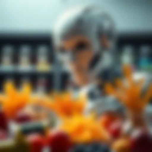 A robot with a questioning expression looking at various food items, symbolizing the missing sense of smell in AI technology.