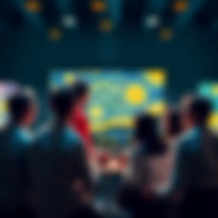 A group of people engaged in a heated debate about AI-generated art compared to Van Gogh's paintings.