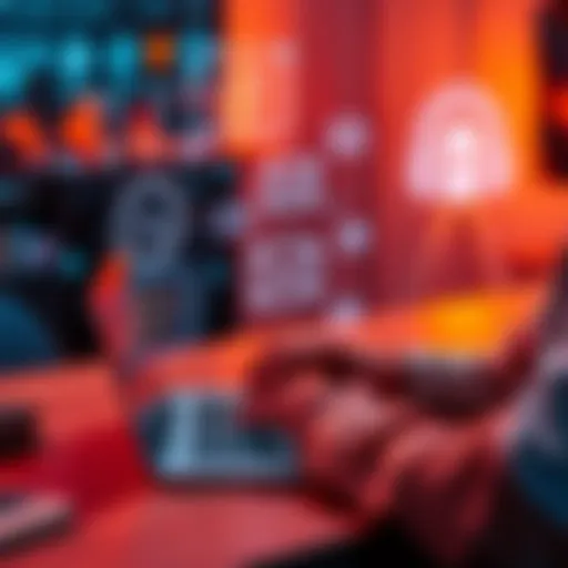 A person sitting at a desk typing on a laptop with AI icons in the background, symbolizing work emails versus personal notes