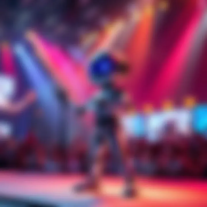 A digital character generated by AI performing on stage with bright lights and a cheering audience.