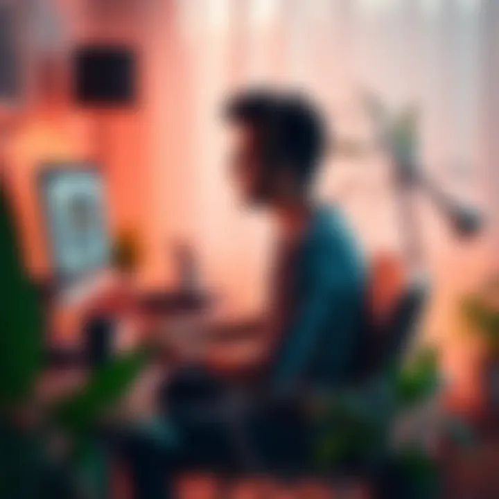 A person sitting at a desk interacting with an AI chat tool on their computer. The scene shows a cozy setting with warm lighting and plants around, highlighting a sense of connection and support.