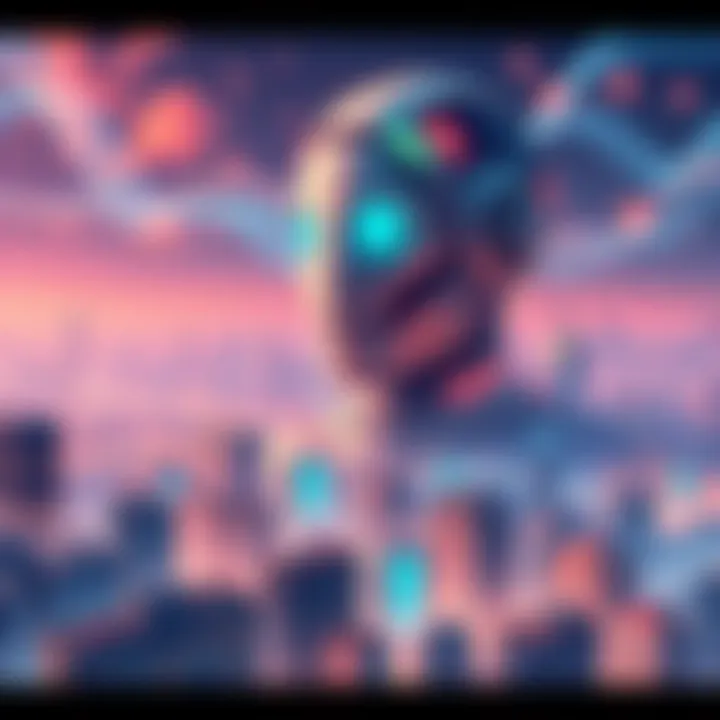 Illustration showing a giant AI figure overseeing a city, symbolizing control over information and society.