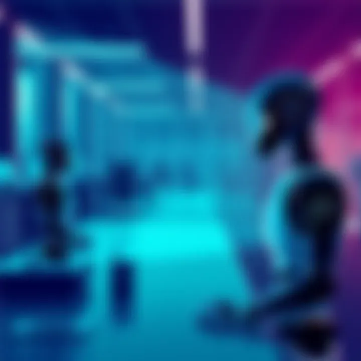 Illustration showing AI technology affecting job layoffs at Block, with robots and office desks in a corporate setting.