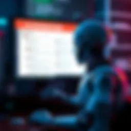 A digital representation of AI assisting in forum moderation, showing a robot analyzing text on a computer screen with user comments around it.