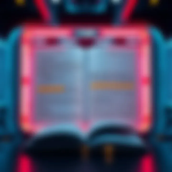 A futuristic AI interface displaying a 1000-page textbook with highlighted text and question prompts.