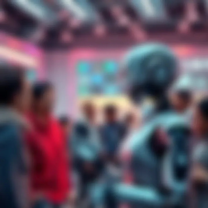 A visual of a humanoid robot communicating with a diverse group of people, discussing tasks in a futuristic setting.