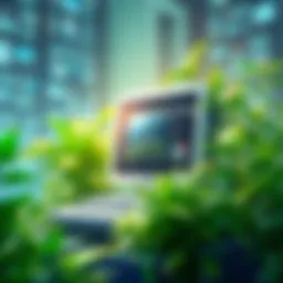 An illustration showing a computer with green plants around it, symbolizing the relationship between AI technology and environmental concerns.
