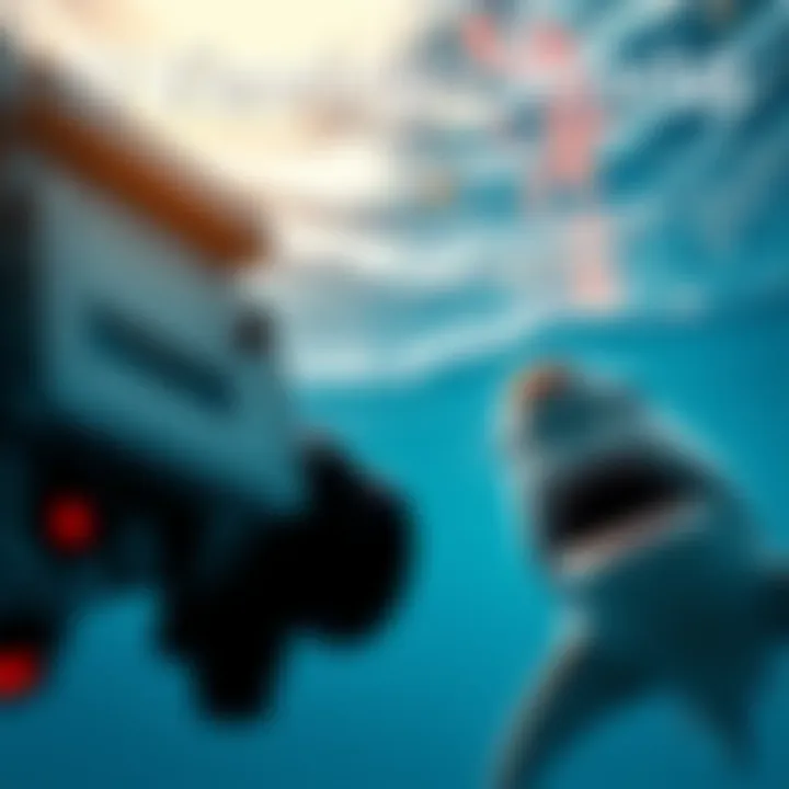 An artificial intelligence system using a camera to observe its surroundings, contrasting with natural vision from a bird's eye view and a shark's underwater perspective.