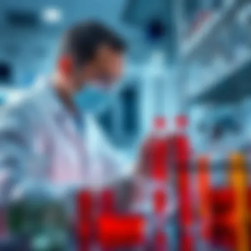 A researcher examines a new LSD analogue in a laboratory setting, looking at test tubes and chemical structures to explore its potential for treating schizophrenia.