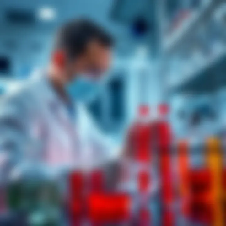 A researcher examines a new LSD analogue in a laboratory setting, looking at test tubes and chemical structures to explore its potential for treating schizophrenia.