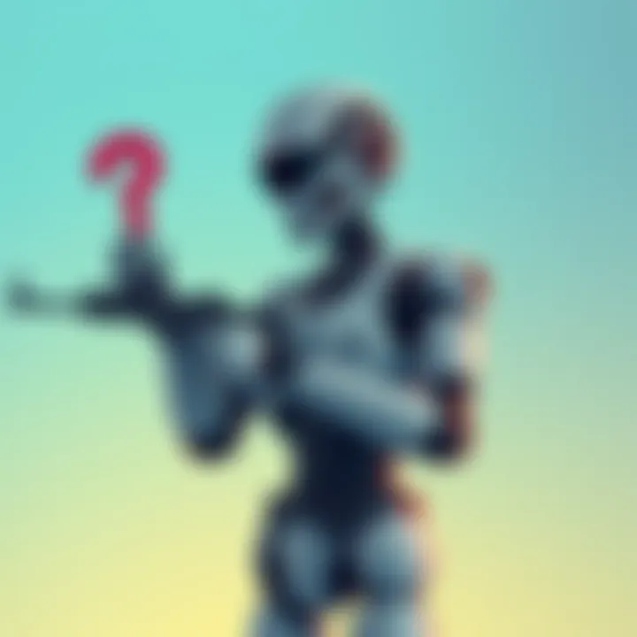 An illustration showing a robot symbolizing OpenAI engaged in a discussion about firearms while looking puzzled at a question mark, highlighting the contrast between serious topics and simple queries.