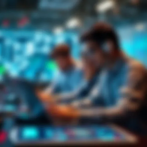 Team of engineers working on AI technology with laptops and digital displays
