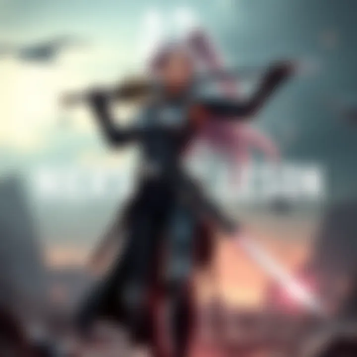 A2, a character from Nier Automata, stands confidently with her sword drawn, showcasing her resilience and strength in a dramatic pose against a backdrop of a dystopian landscape.