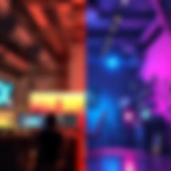 A split image showing a large AAA game studio on one side and a small indie game developer working in a cozy space on the other side