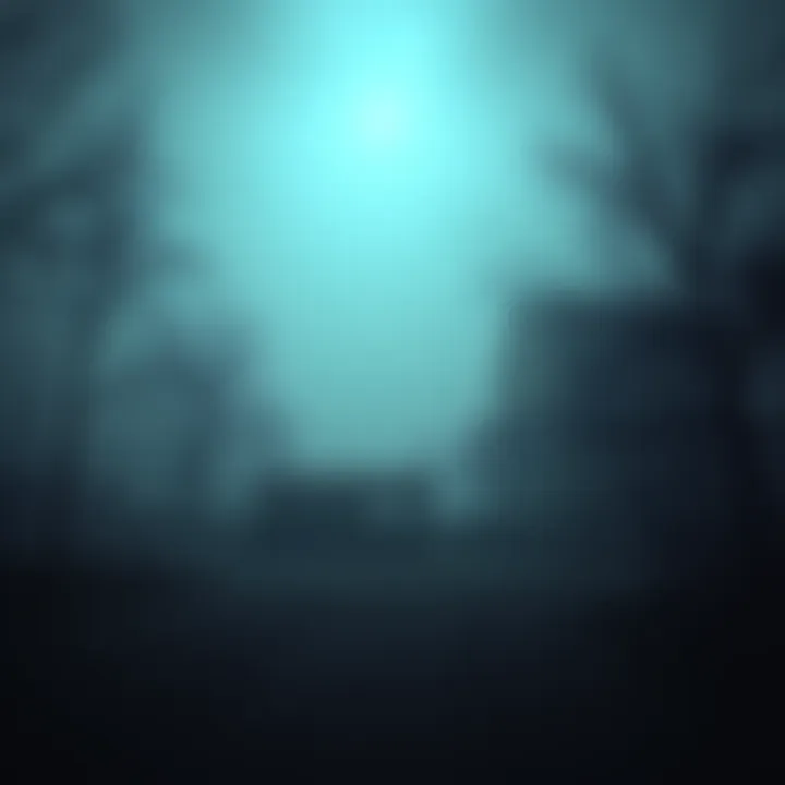 Abandoned Foggy Night Scene A fog-covered abandoned area at night, with faint outlines of dilapidated buildings and trees, creating a mysterious atmosphere.