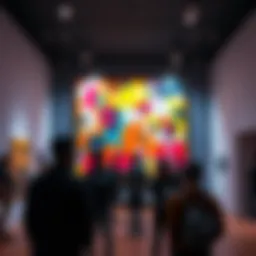 A colorful abstract art piece displayed in a gallery, surrounded by indifferent viewers.