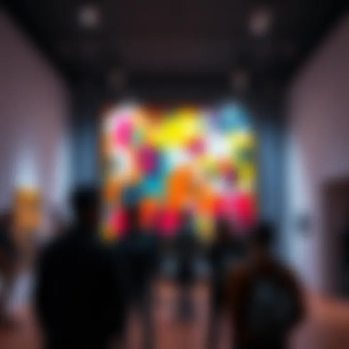 A colorful abstract art piece displayed in a gallery, surrounded by indifferent viewers.
