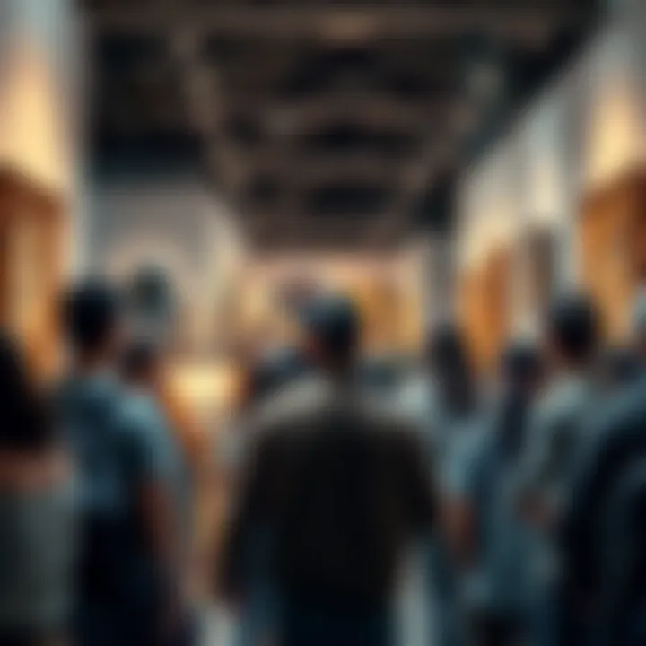 Absurdity in Society A group of people gathered, looking confused while observing bizarre art pieces at a public exhibit.