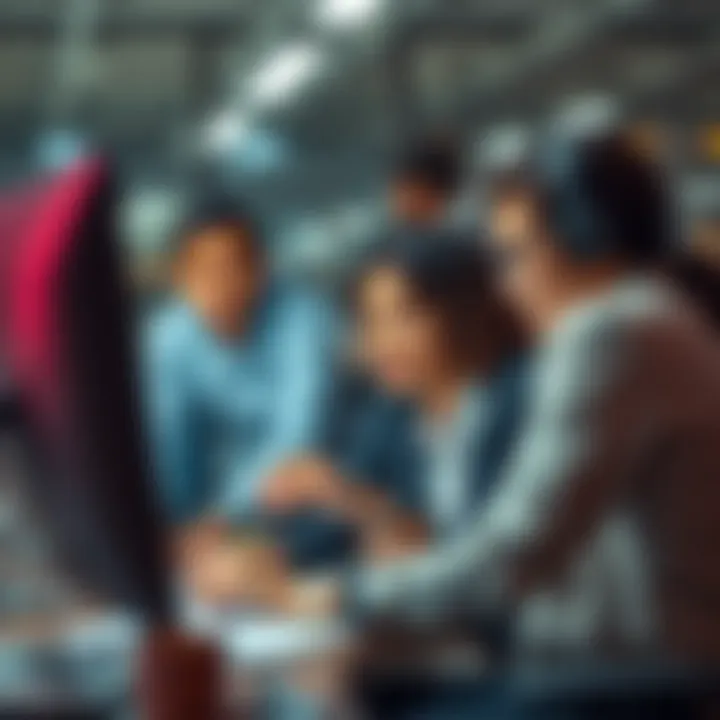 A diverse accounting team collaborating on a computer, focusing on streamlining their workflow and reducing manual tasks.