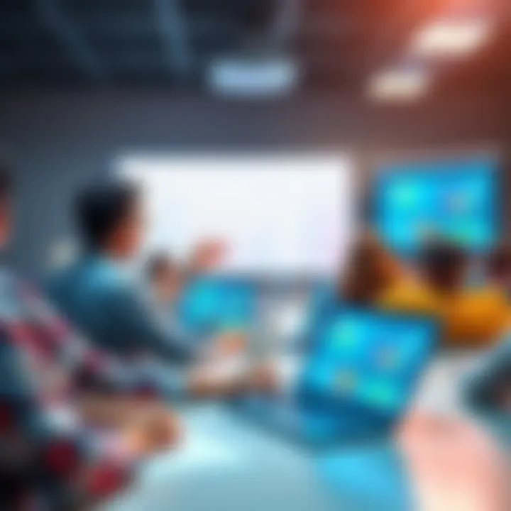 A virtual classroom scene showing a teacher instructing students on Midjourney and SORA2 with laptops open and digital graphics on the screen