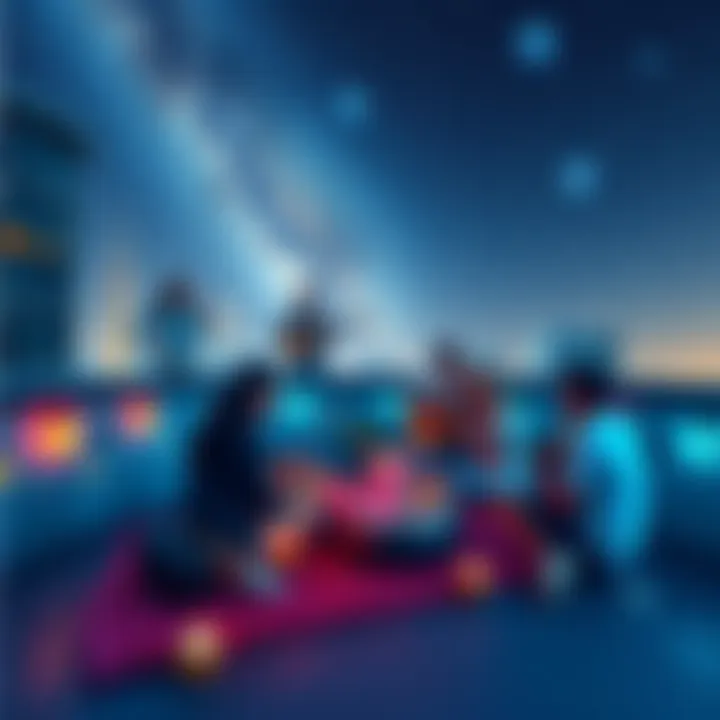 A lively rooftop scene with people enjoying acoustic music under the stars, surrounded by magical cupcakes and a playful atmosphere.