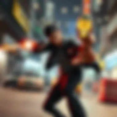 A character in a dynamic pose shooting in a Hong Kong inspired urban setting, with dramatic movement effects and bullet time visuals.