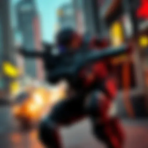 A dynamic scene featuring a character with futuristic weapons in an urban setting, inspired by action movies, showcasing intense gameplay elements.